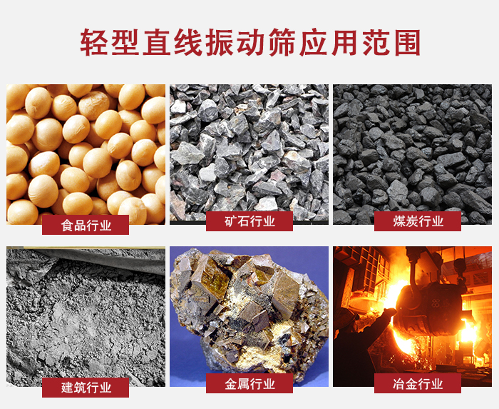 輕型直線振動篩應用范圍較廣多使用與顆粒狀，粉狀以及其它重型行業的輸送。
